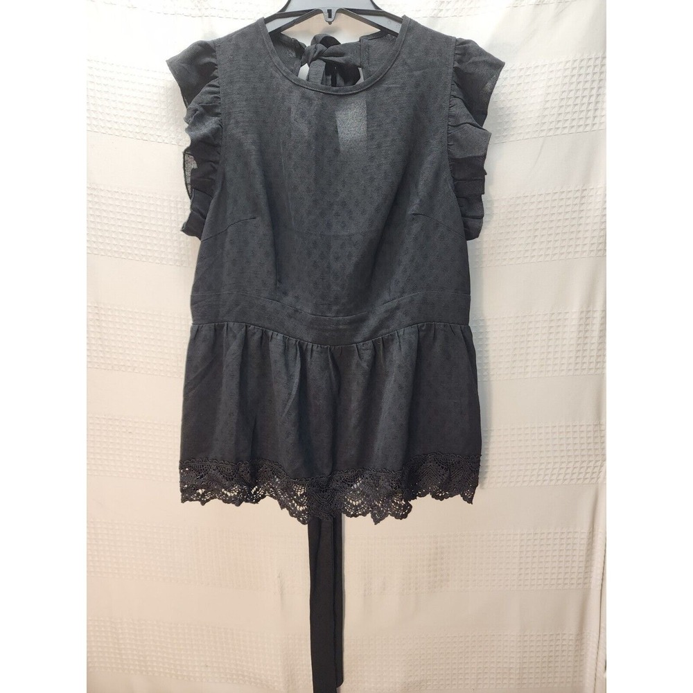 Shein Curve Womens Blouse Black Sheer Ruffle Open Back Tie Neck Lace Trim 0XL